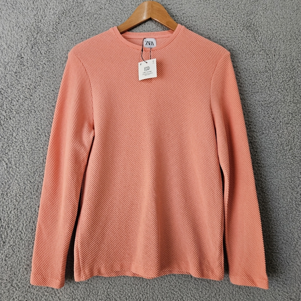 Zara Coral Textured Knit Top Medium Long Sleeve Cotton Ribbed Casual Unisex